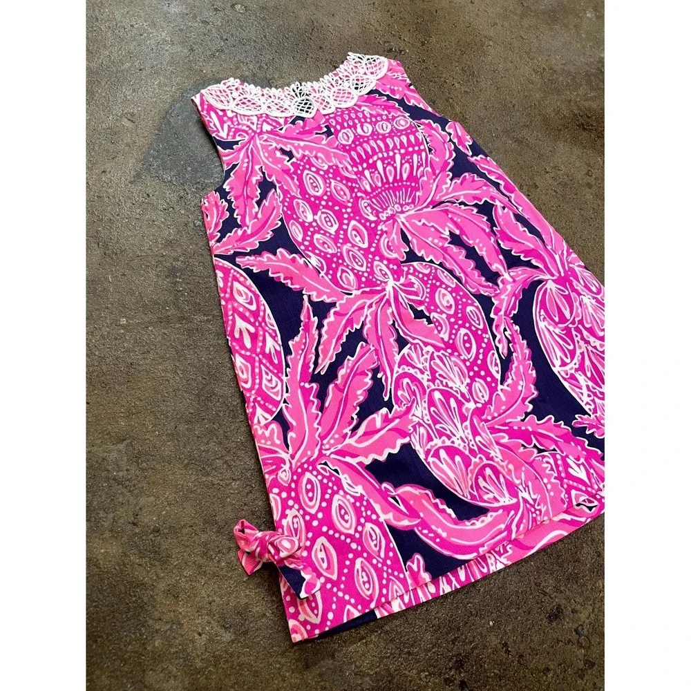 Lilly Pulitzer Shift Dress Girls 3 Multicolor‎ Pineapple Lace Collar Back Zip